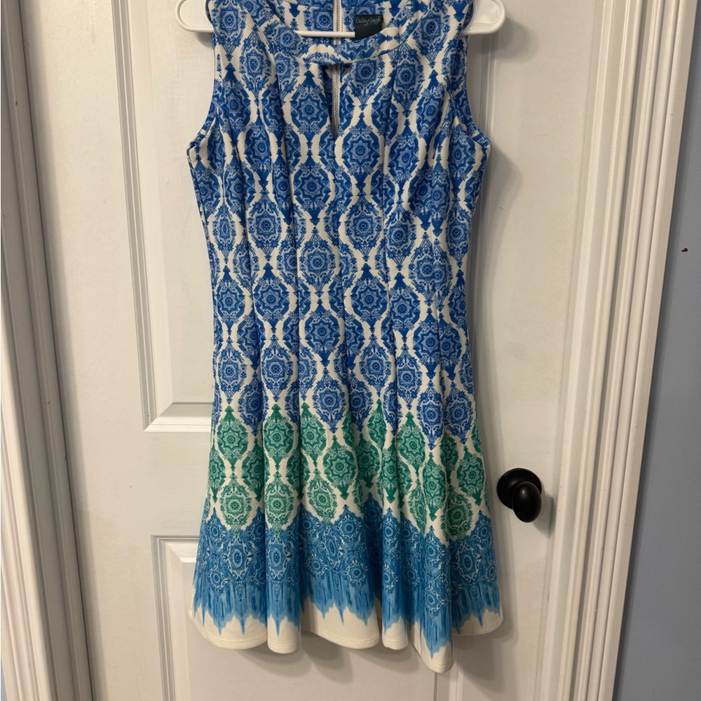 Gabby Skye White Dress with Blue Patterns